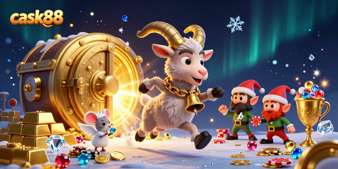 cask88 presents a lively holiday-horror casino scene with Krampus, an angel mouse, and elf gremlins amidst treasure!