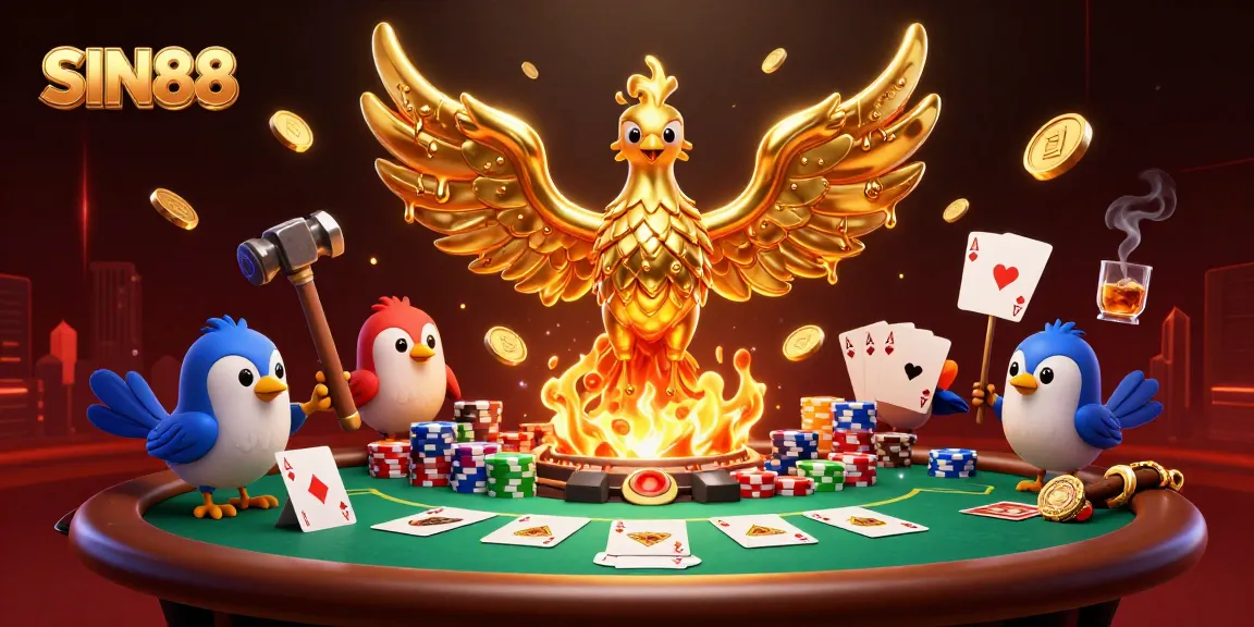 SIN88 phoenix rises from the forge with gold coins, poker supplies, and vibrant casino atmosphere.