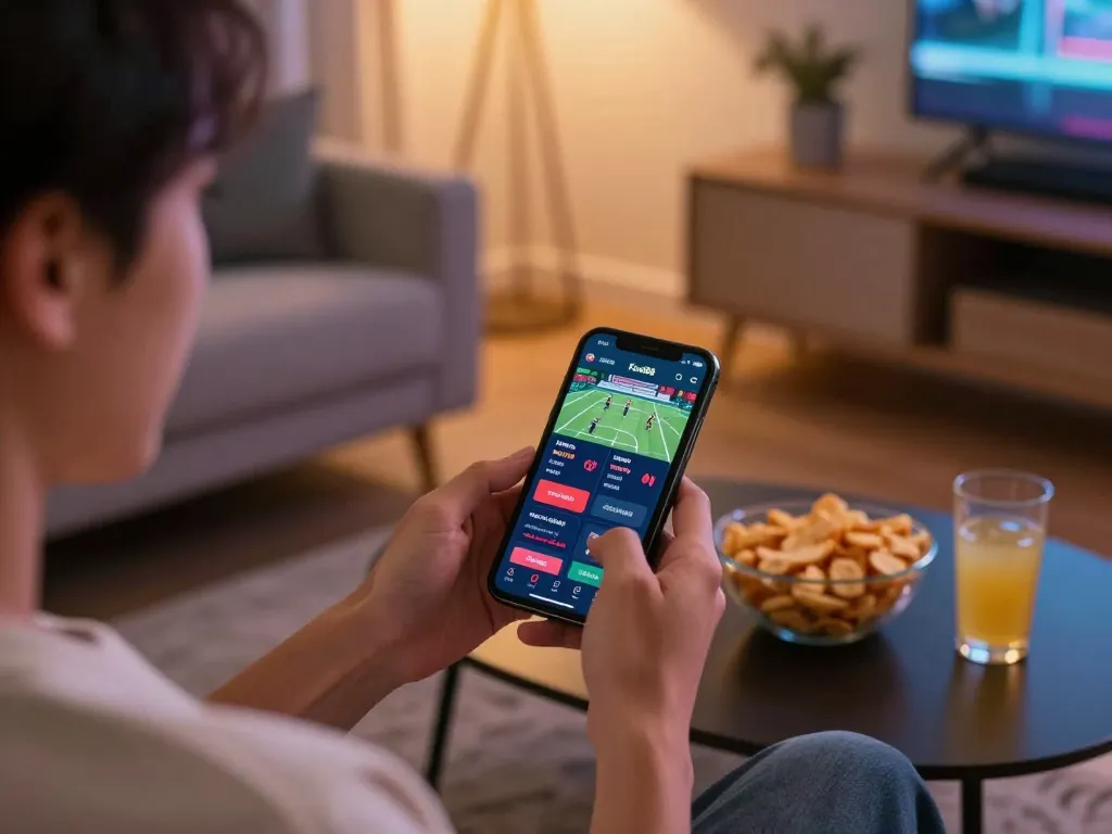 Fun88 app showing live sports betting on smartphone in cozy home setting