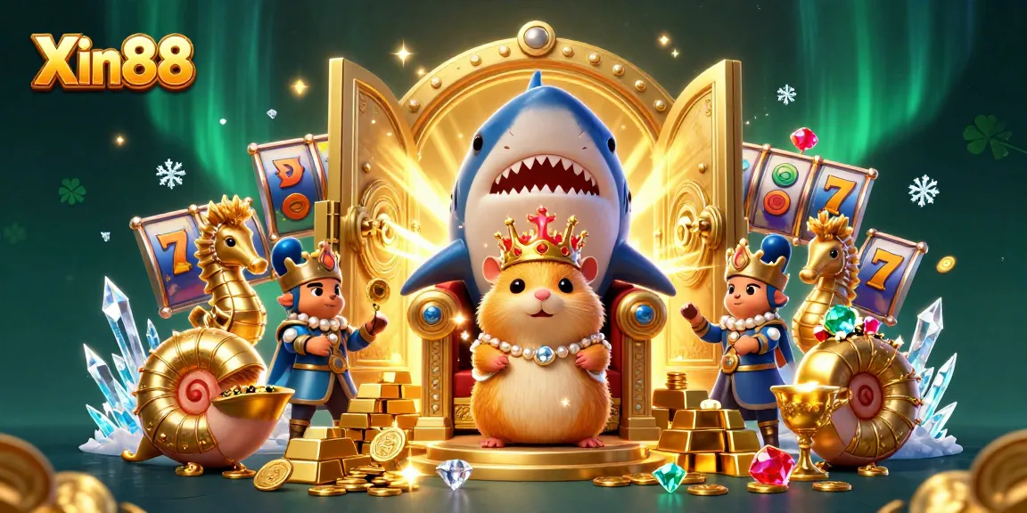 Experience thrilling gameplay at Xin88 with a golden hamster king amidst rich casino treasures.