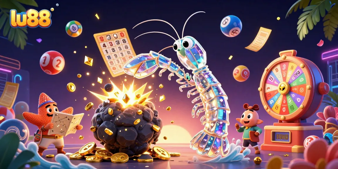 Join the excitement of lu88 gambling with this vibrant 3D illustration showcasing a galactic mantis shrimp and starfish.