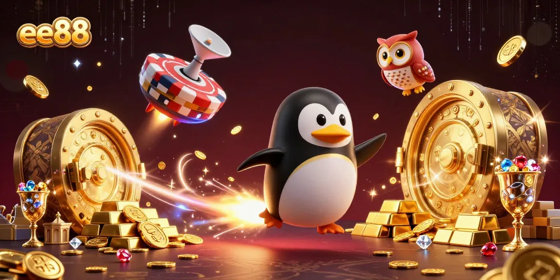 Experience the excitement of ee88 gaming with a vibrant casino-themed illustration featuring a golden penguin.