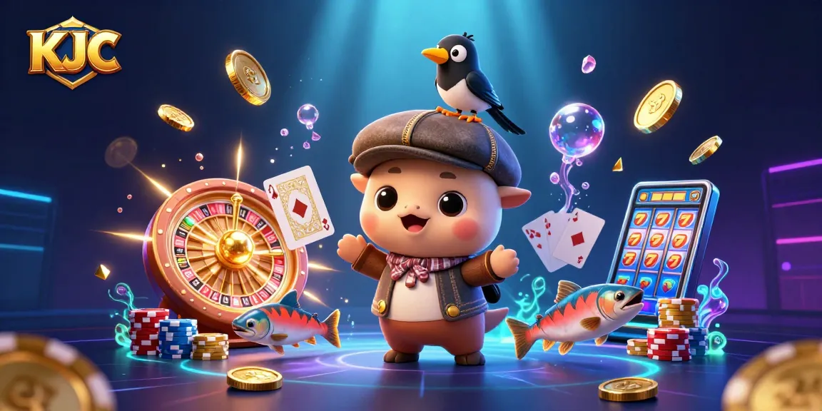 KJC enthralls players with dynamic casino elements, showcasing vibrant winnings and cheerful characters.