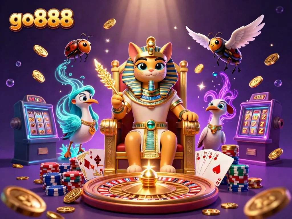 Experience the excitement of go 888 with a vibrant casino scene featuring a 3D pharaoh cat.