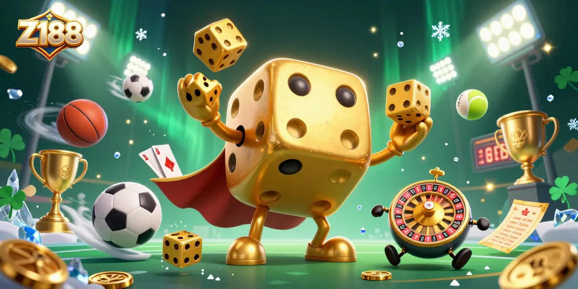 Z188 engages players with a vibrant 3D illustration featuring dynamic sports elements and golden dice.