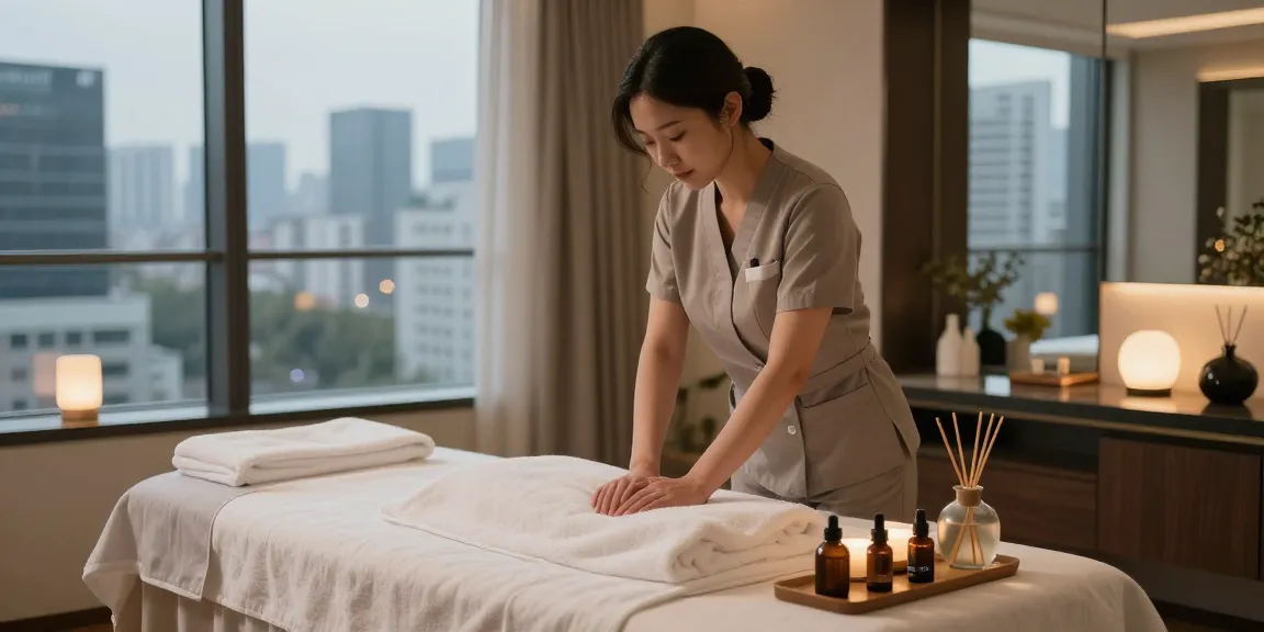 마포출장안마 premium massage service setup in a modern urban apartment with calming atmosphere.
