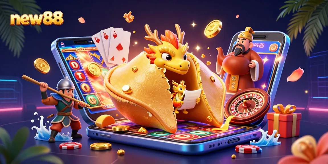 Engage in thrilling new88 experiences with vibrant gameplay, showcasing a golden fortune cookie and characters.