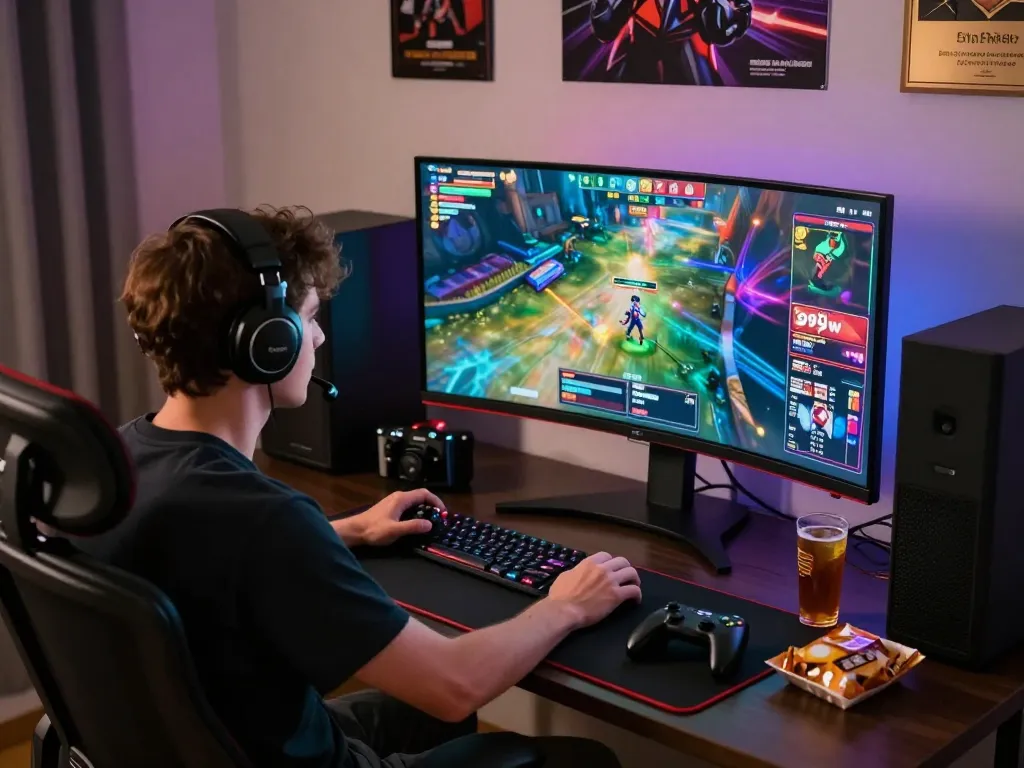 Immersive gaming session showcasing 399W casino gameplay with dynamic lighting and an engaged gamer.