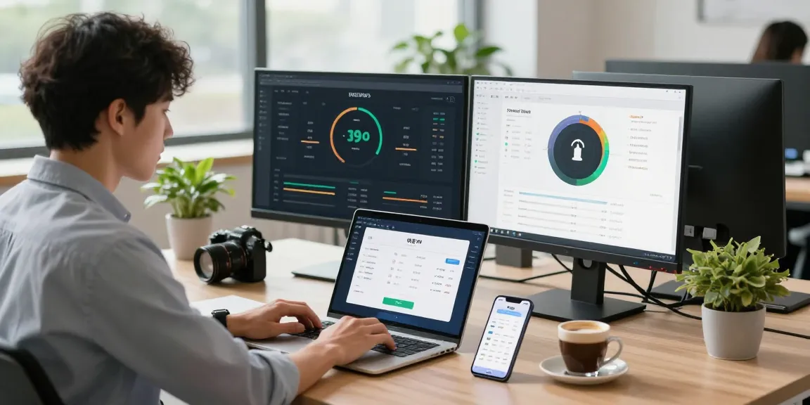 Young professional using 快连 VPN in a modern workspace, highlighting online security and connectivity.