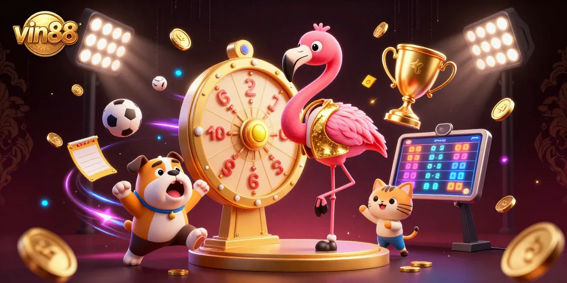 Spin the prize wheel at vin88, featuring an excited bulldog and flamingo in a casino setting.