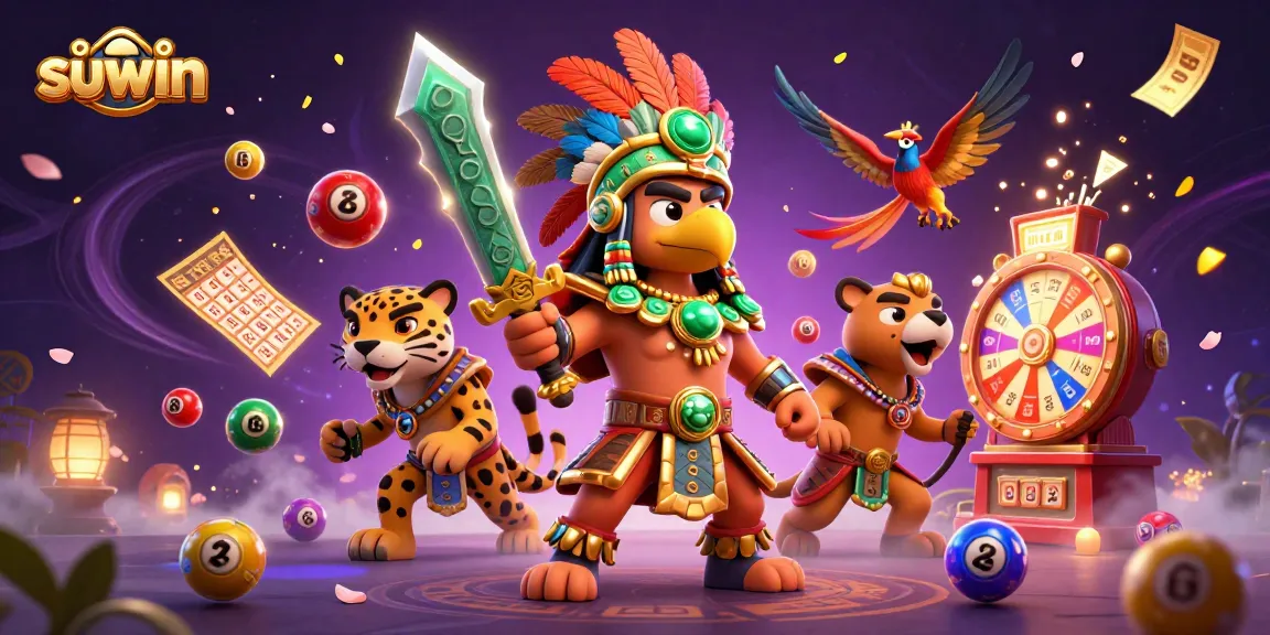 Suwin brings exciting lottery action with colorful balls, warriors, and vibrant casino elements in a dynamic scene.