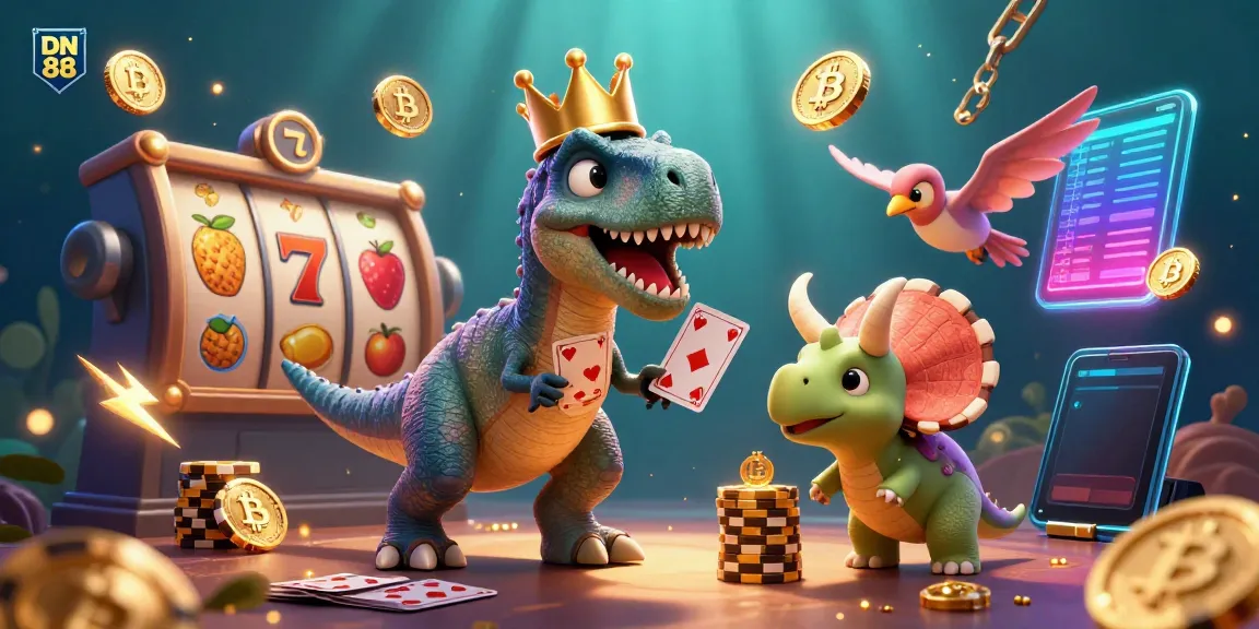 Engage with DN 88 casino's vibrant slots scene featuring a cartoon T-Rex and friends winning big.