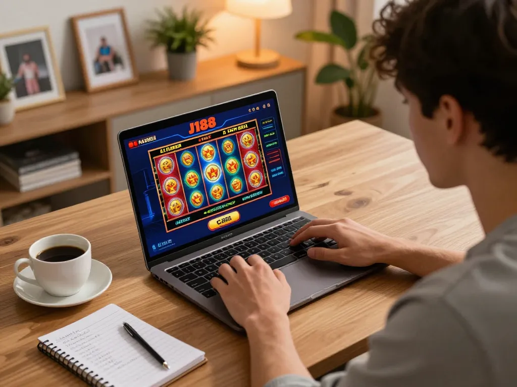 An engaged player logging in to J188 online casino from a cozy home setup, with gaming strategy notes visible.
