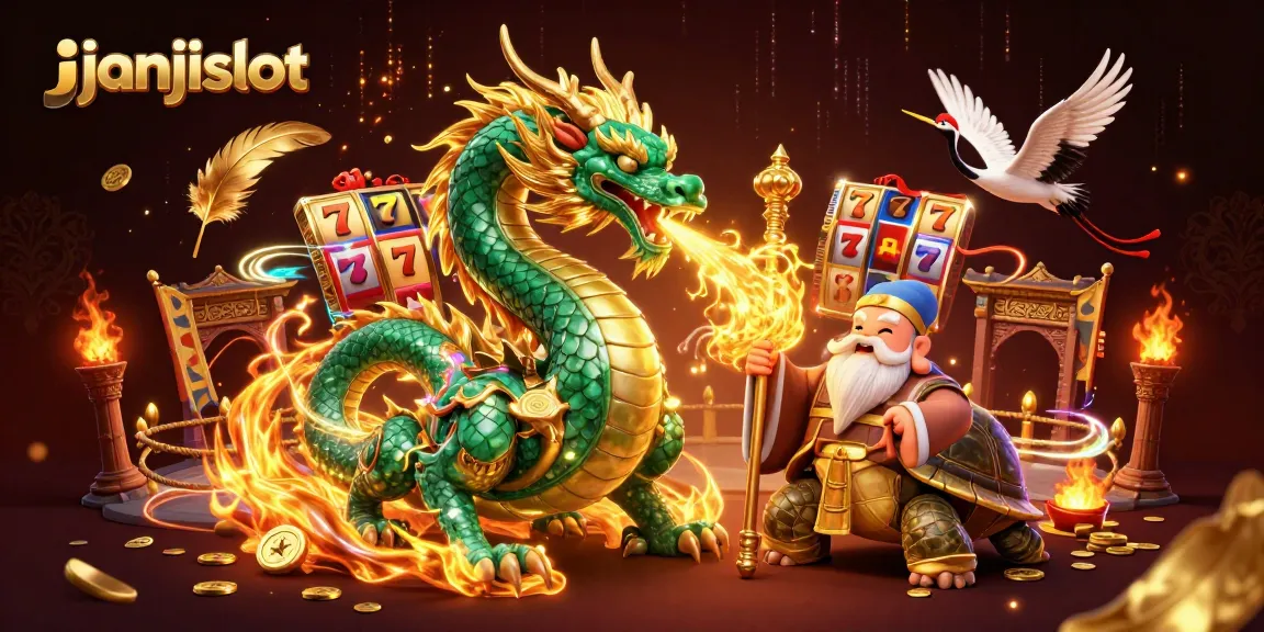 Engage with janjislot's immersive gameplay featuring the emerald dragon and wise sage in an enchanting casino scene.