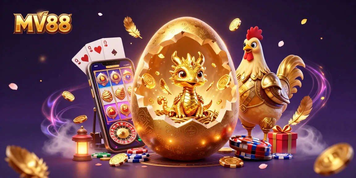 MV88 themed illustration with a golden dragon, poker chips, and casino elements creating a vibrant gaming atmosphere