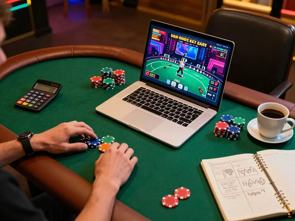 Engaged player strategizing in 78WIN online poker game, cozy home gaming setup with modern laptop