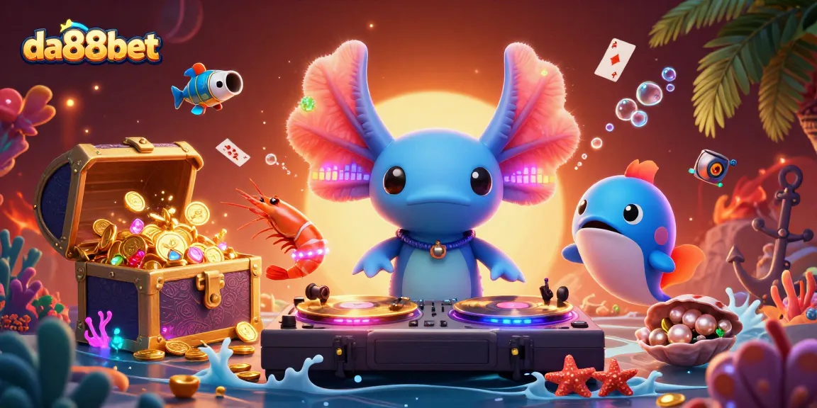 Engage with da88bet's vibrant 3D casino world featuring a DJ axolotl and lively characters.