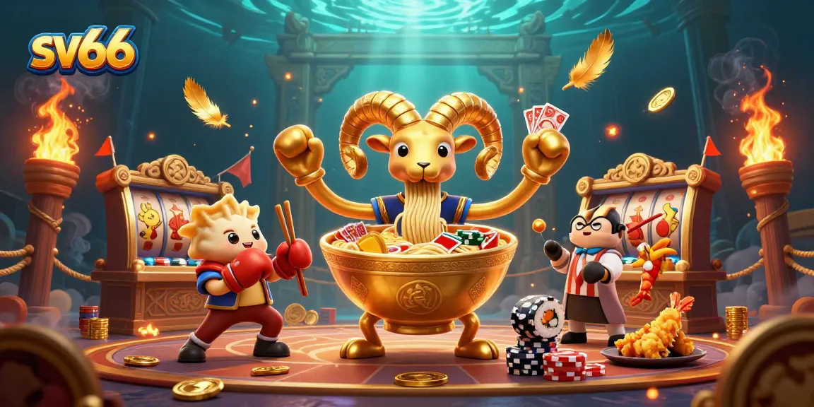 Engage in thrilling casino action with sv66's vibrant 3D scene featuring a ramen bowl dealer and dynamic elements.