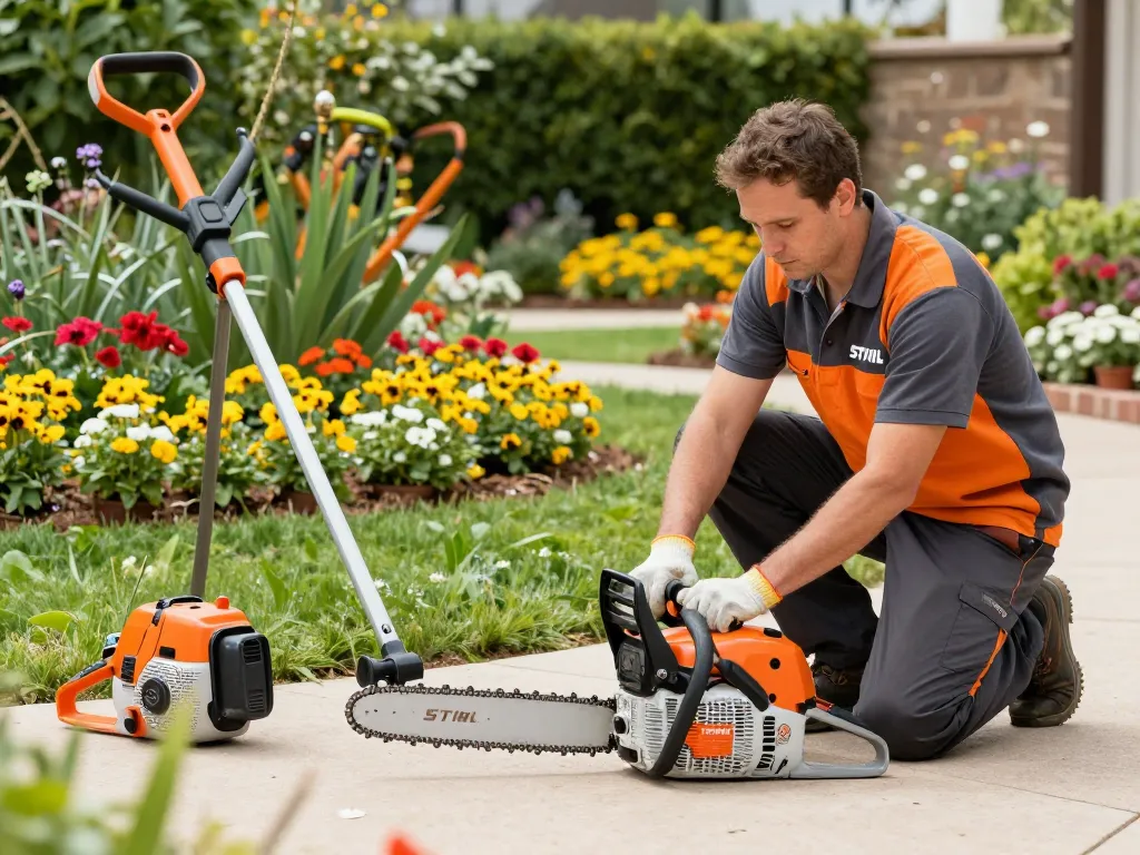STIHL service Cyprus technician providing expert maintenance outdoors with professional gear and tools.