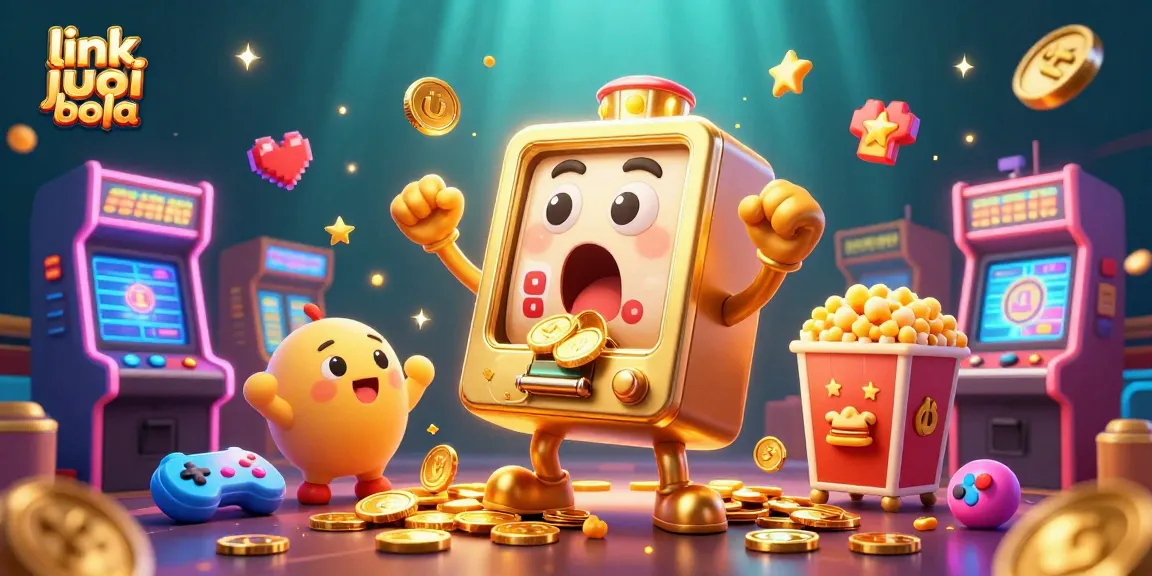 Experience the excitement of link judi bola as animated slot machines celebrate a jackpot with gold coins pouring out.