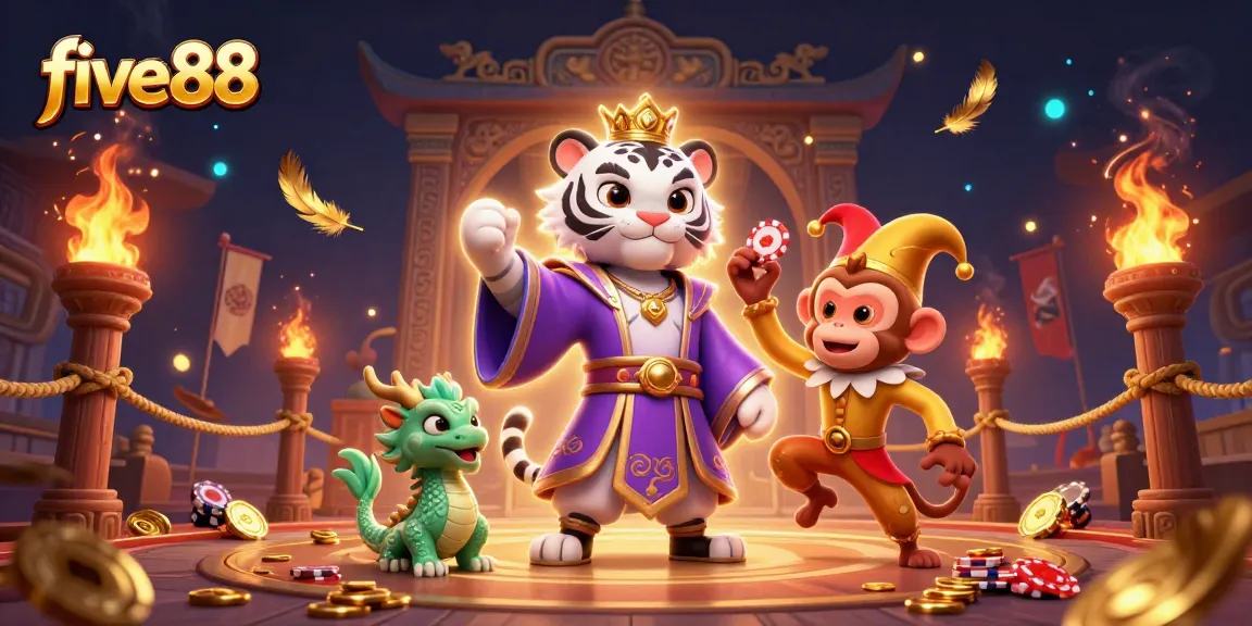 Experience thrilling gameplay at five88 with vibrant characters, fiery coins, and dynamic casino elements.