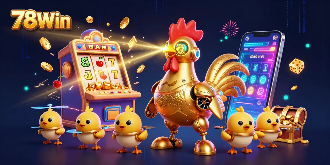 Engage in thrilling 78Win gameplay with vibrant golden rooster robot and jackpot slot explosion.