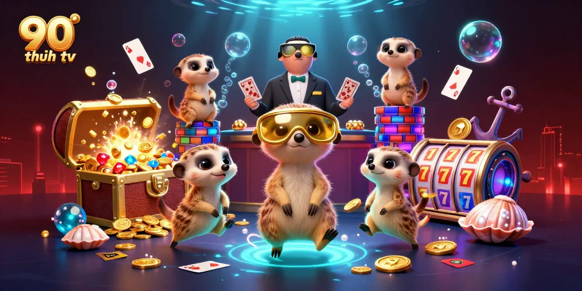 90 phút tv suggests a lively scene with meerkats engaging in a casino operation, featuring vibrant gambling elements.