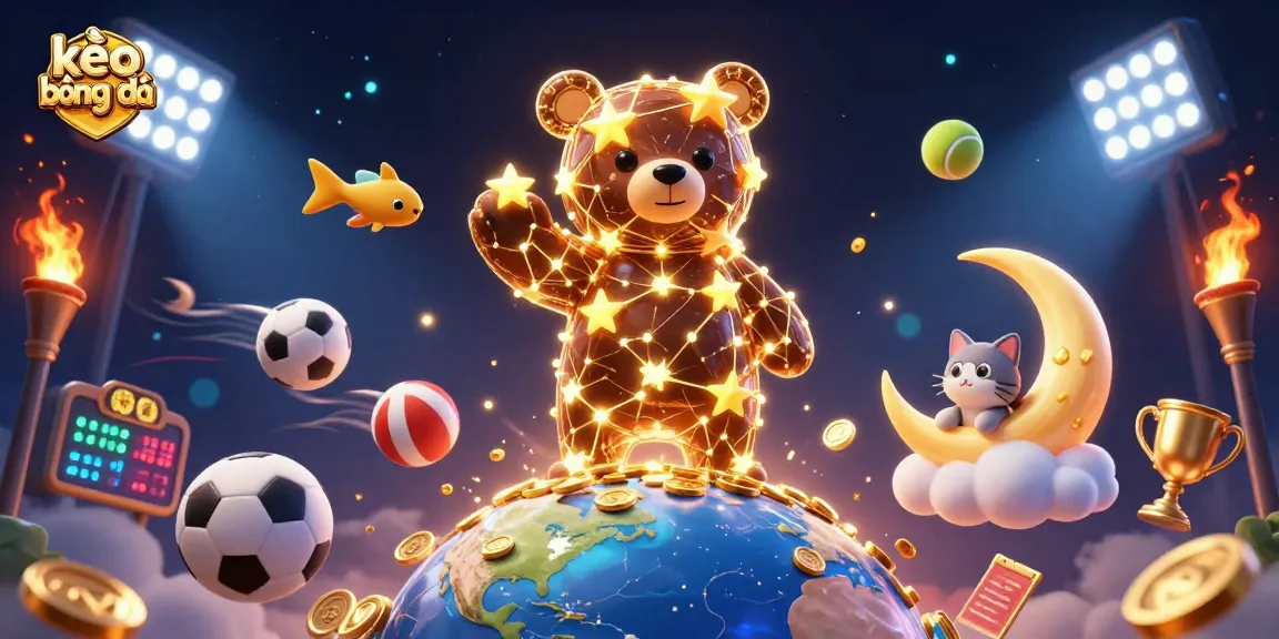 Engage with the dynamic kèo bóng đá scene featuring a constellation bear scooping gold coins amidst sports elements.