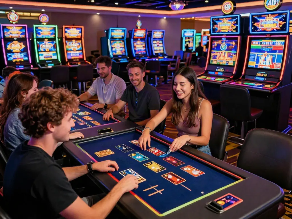 Dynamic players enjoying online credit card casinos in a vibrant casino atmosphere.