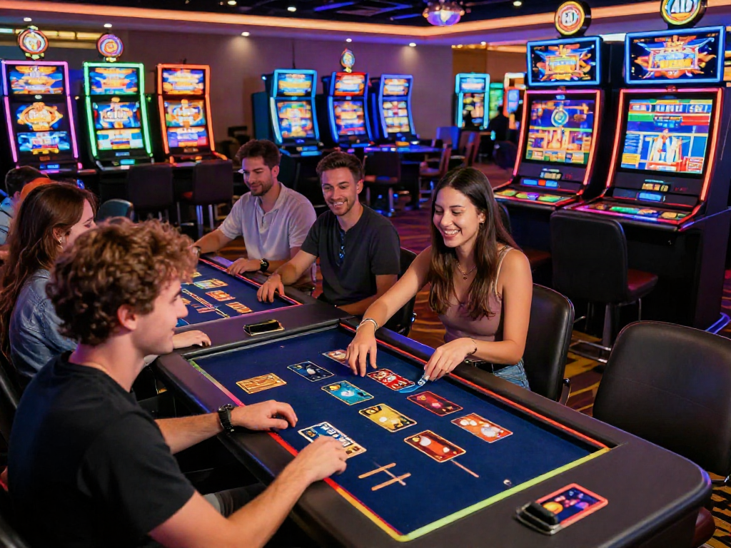 Dynamic players enjoying online credit card casinos in a vibrant casino atmosphere.