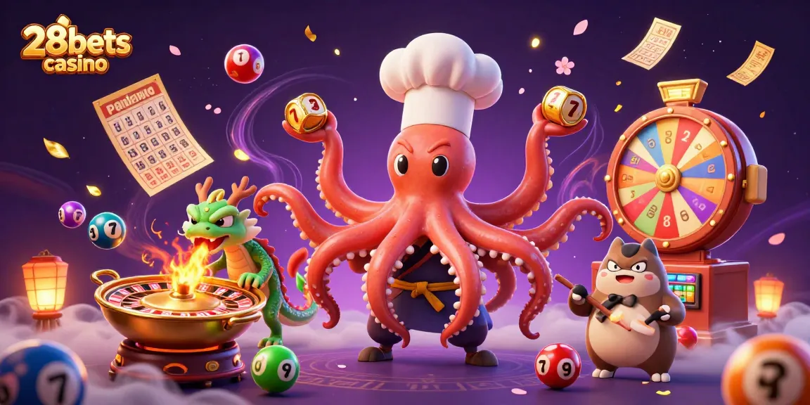 Engage with the vibrant atmosphere of 28bets casino featuring colorful gambling elements and characters.