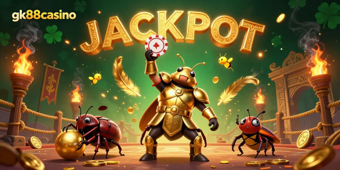 Experience the excitement with gk88casino, featuring a heroic beetle lifting a winning poker chip.