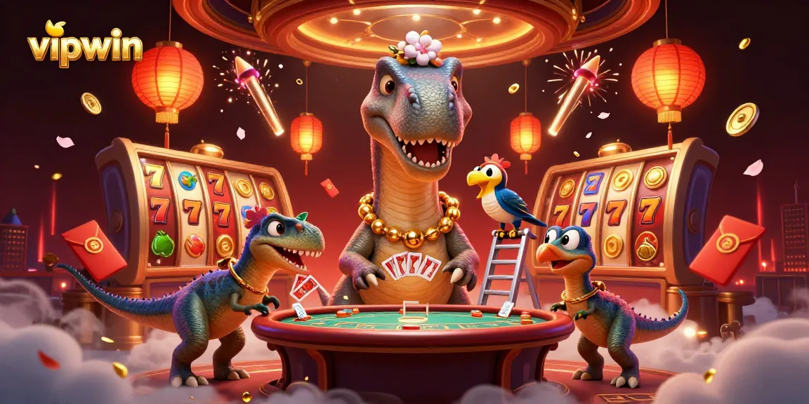 Experience the excitement of vipwin with a vibrant 3D casino scene featuring dinosaurs and slot games.