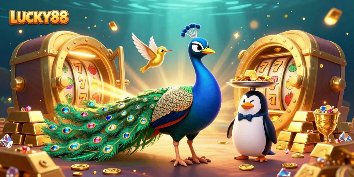 Win big with LUCKY88 in this vibrant 3D casino-themed artwork filled with gold and gems.