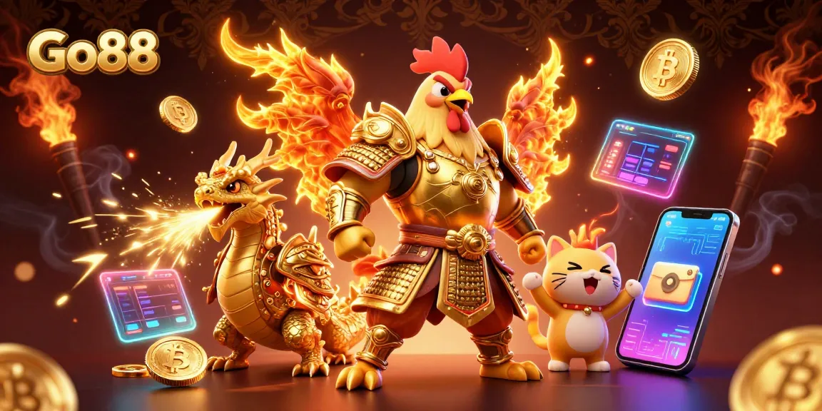 Bet on Go88 as the powerful rooster warrior leads a thrilling gaming adventure with dynamic casino elements.