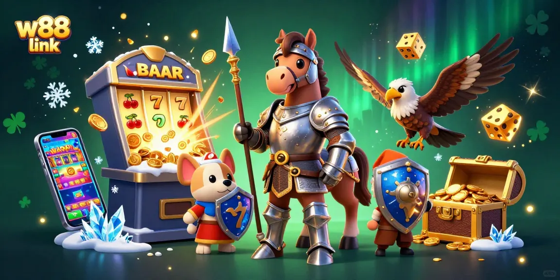 Bet on exciting games with W88 link in a dynamic casino-themed illustration showing vibrant characters.
