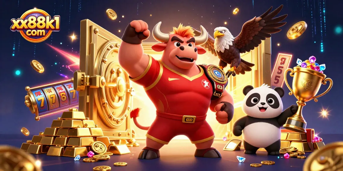 Win big at xx88k1 com with a vibrant 3D celebration featuring a charming panda and powerful bull mascot.
