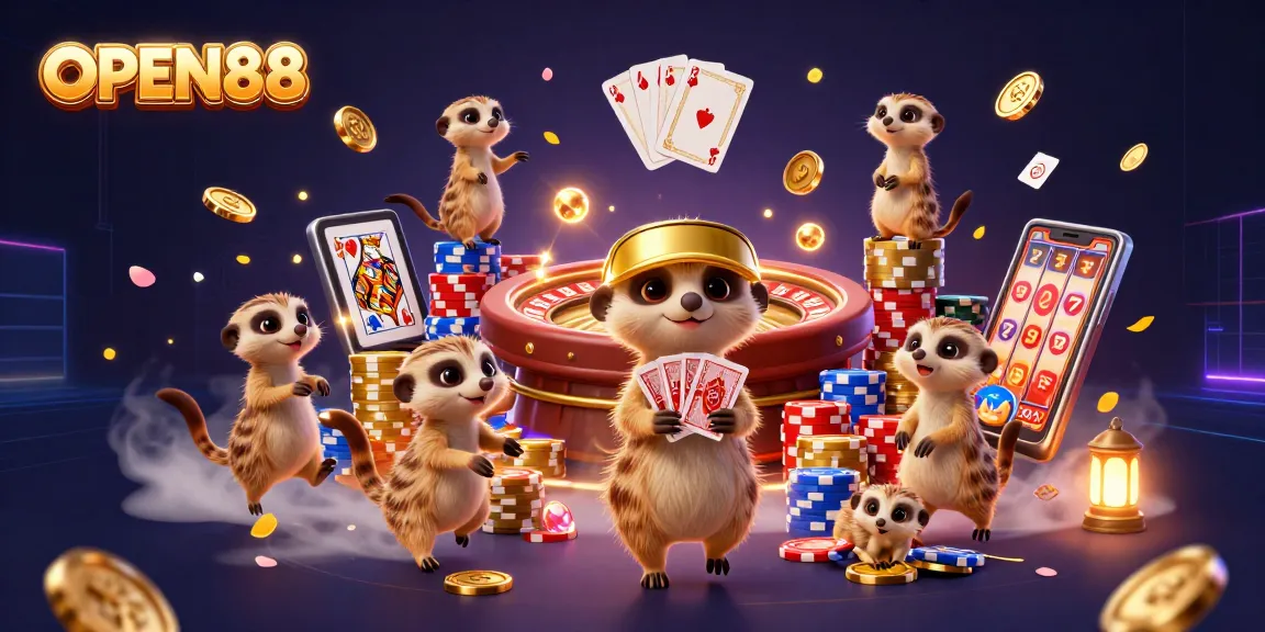 Experience the excitement of OPEN88 with adorable meerkats managing a lively casino scene.
