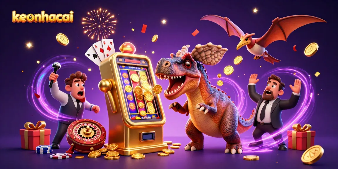 Watch keonhacai come alive as a dinosaur wins jackpot coins from a golden slot machine