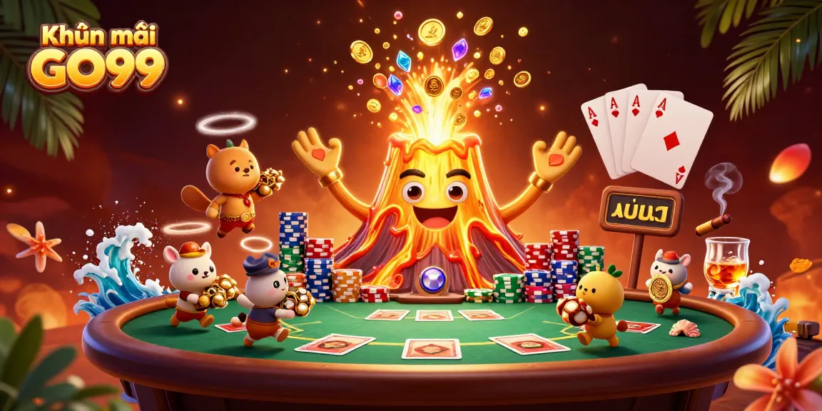 Experience Khuyến mãi GO99 with a vibrant 3D scene featuring a golden volcano and poker elements.