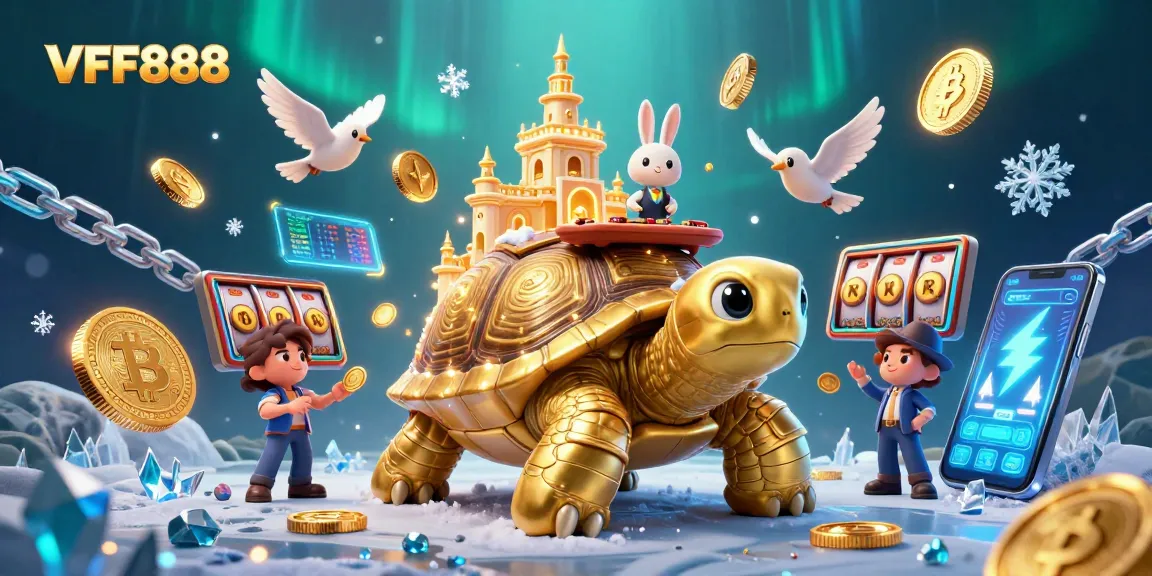 Experience the thrilling VFF888 casino adventure with vibrant scenes of golden tortoises and rabbit dealers.