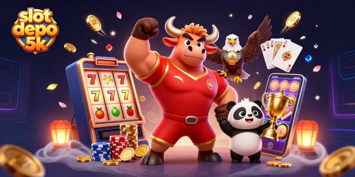 Engage with slot depo 5k excitement featuring a victorious bull, eagle, and panda in action.
