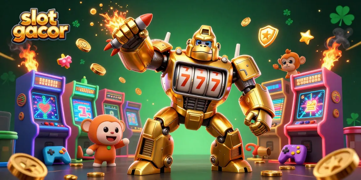 Exciting slot gacor scene with golden gorilla mech and vibrant arcade elements bursting with energy.