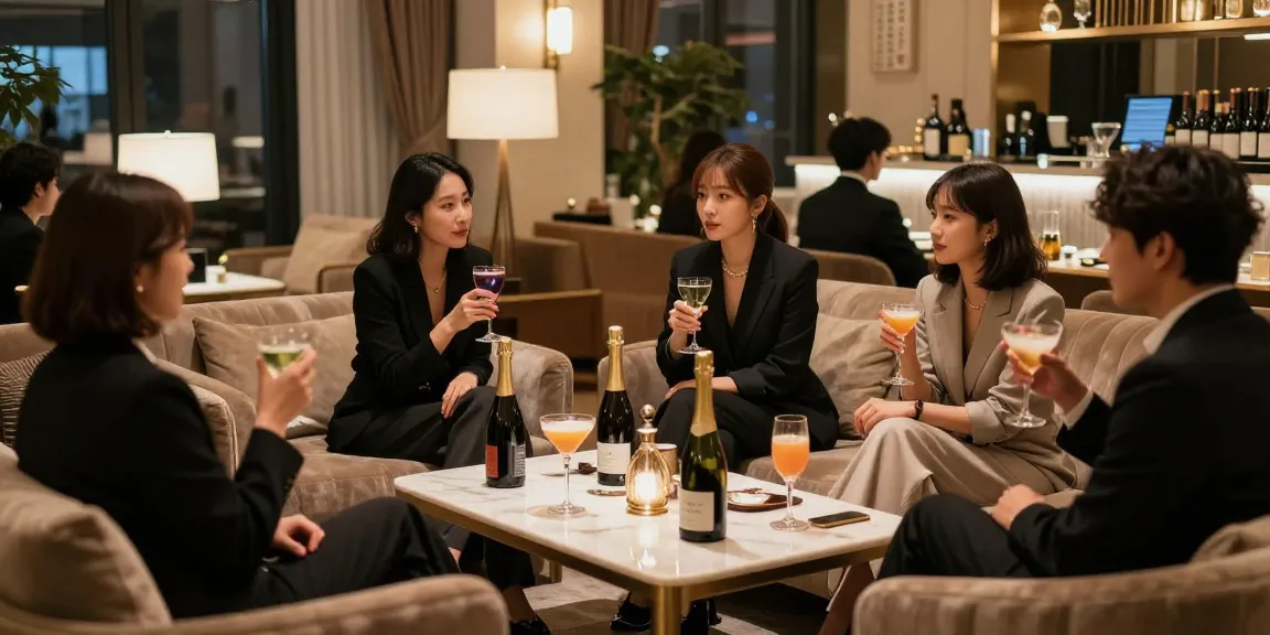강남블랜딩에서 고급스러운 분위기 속 친구들과 즐거운 대화를 나누는 장면