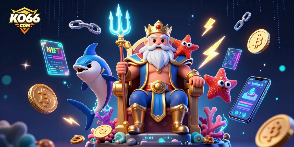 Engage with KO66 COM at this vibrant 3D illustration featuring Neptune surrounded by digital betting elements.