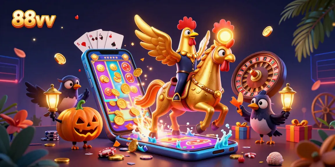 Experience winning moments with 88vv, featuring a golden rooster and casino gaming excitement.