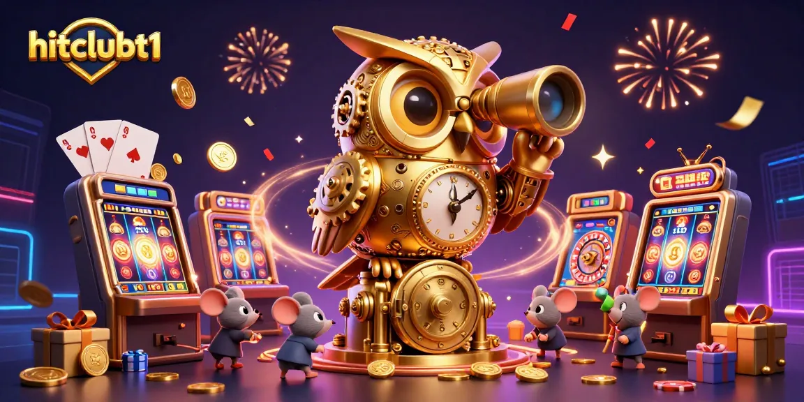 Hitclubt1 offers a thrilling gaming experience with a golden owl overseeing dynamic slot action and festive elements.