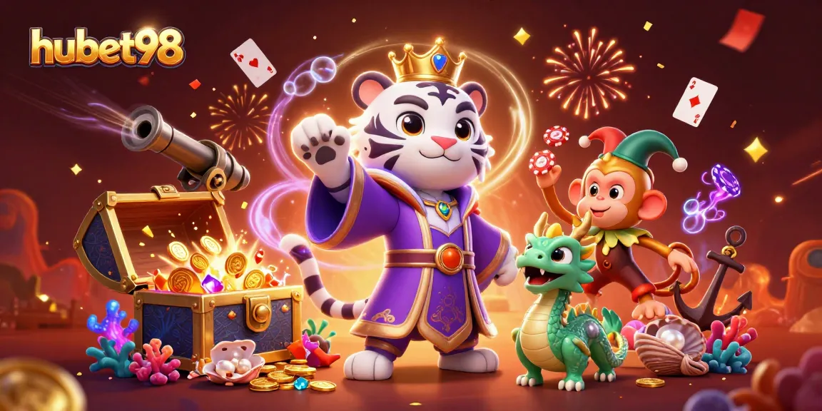 Join the playful celebration at hubet98 with a white tiger, monkey juggling chips, and lively casino elements.