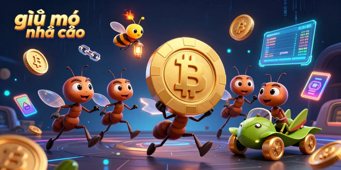 Experience the excitement of giải mã nhà cái with a thrilling 3D heist scene showcasing gambling adventures and cryptocurrency elements.