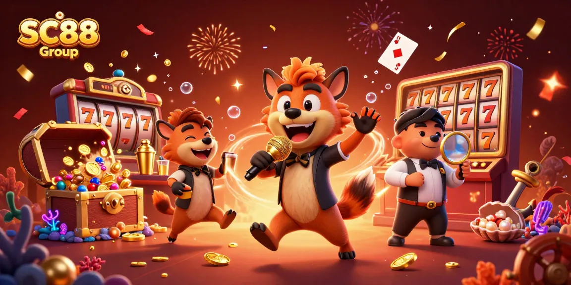 SC88 Group hyenas entertain at a vibrant comedy casino club scene filled with slot machines and treasure.